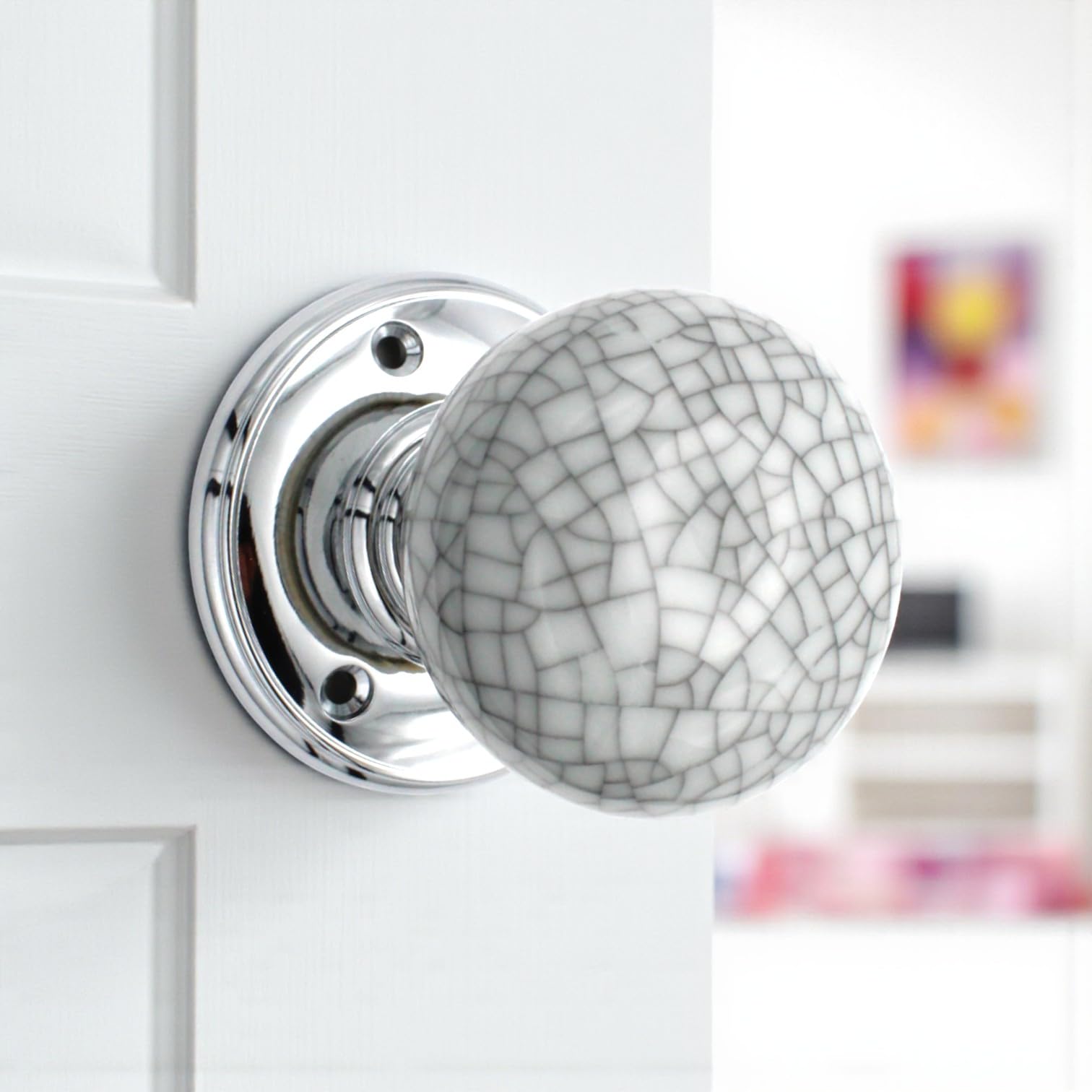 AB Hardware 60mm Blue Crackle Porcelain Polished Chrome Mortice Door Knob Knobs Pair Delamain