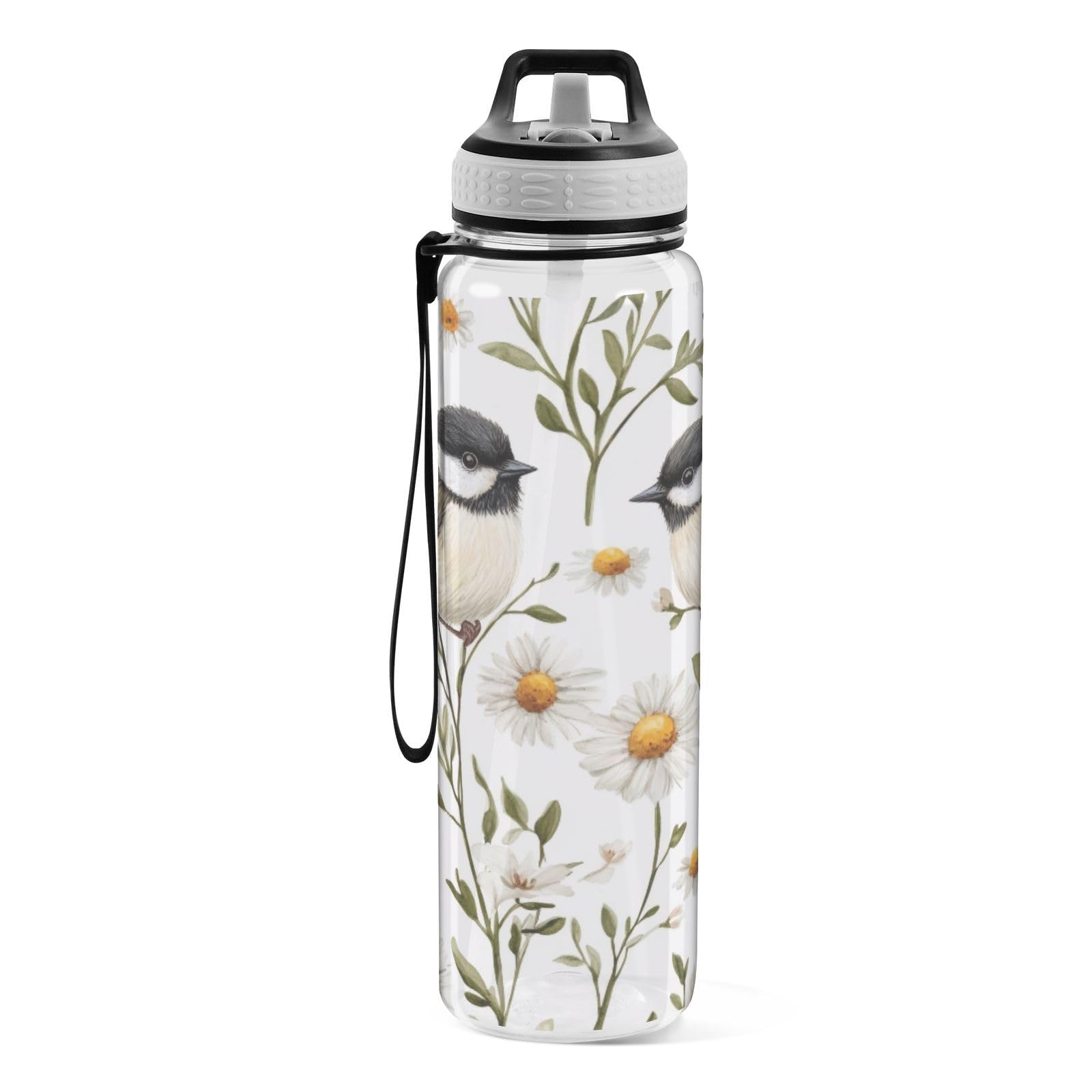 Chickadee Birds Wasserflasche, 900 ml, transparentes Tritan, BPA-frei, auslaufsicher, mit Tragegurt, für Sport, Fitnessstudio und Outdoor-Aktivitäten