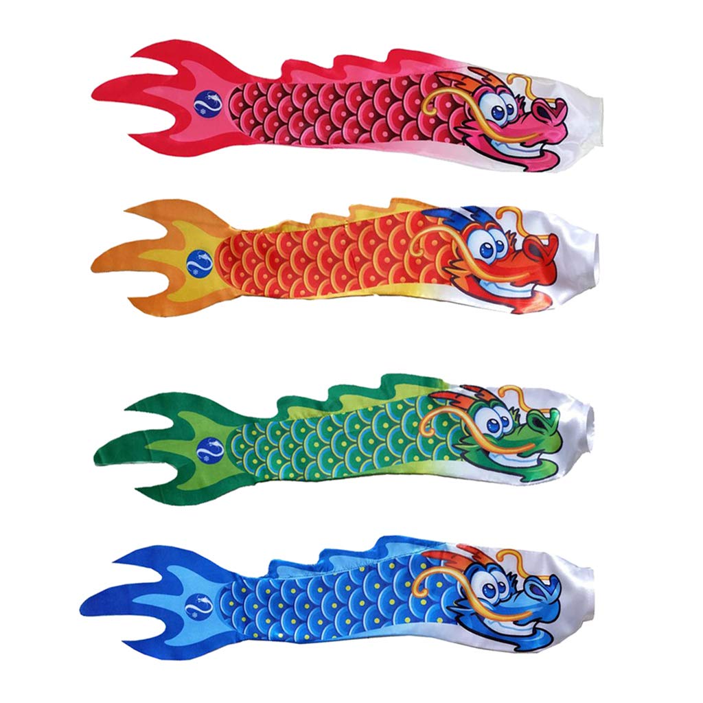 Easnea 4 Color 4Pcs 28'' Outdoor Garden Windsock Flag Spinner Dragon Carp Streamer Wind Sock