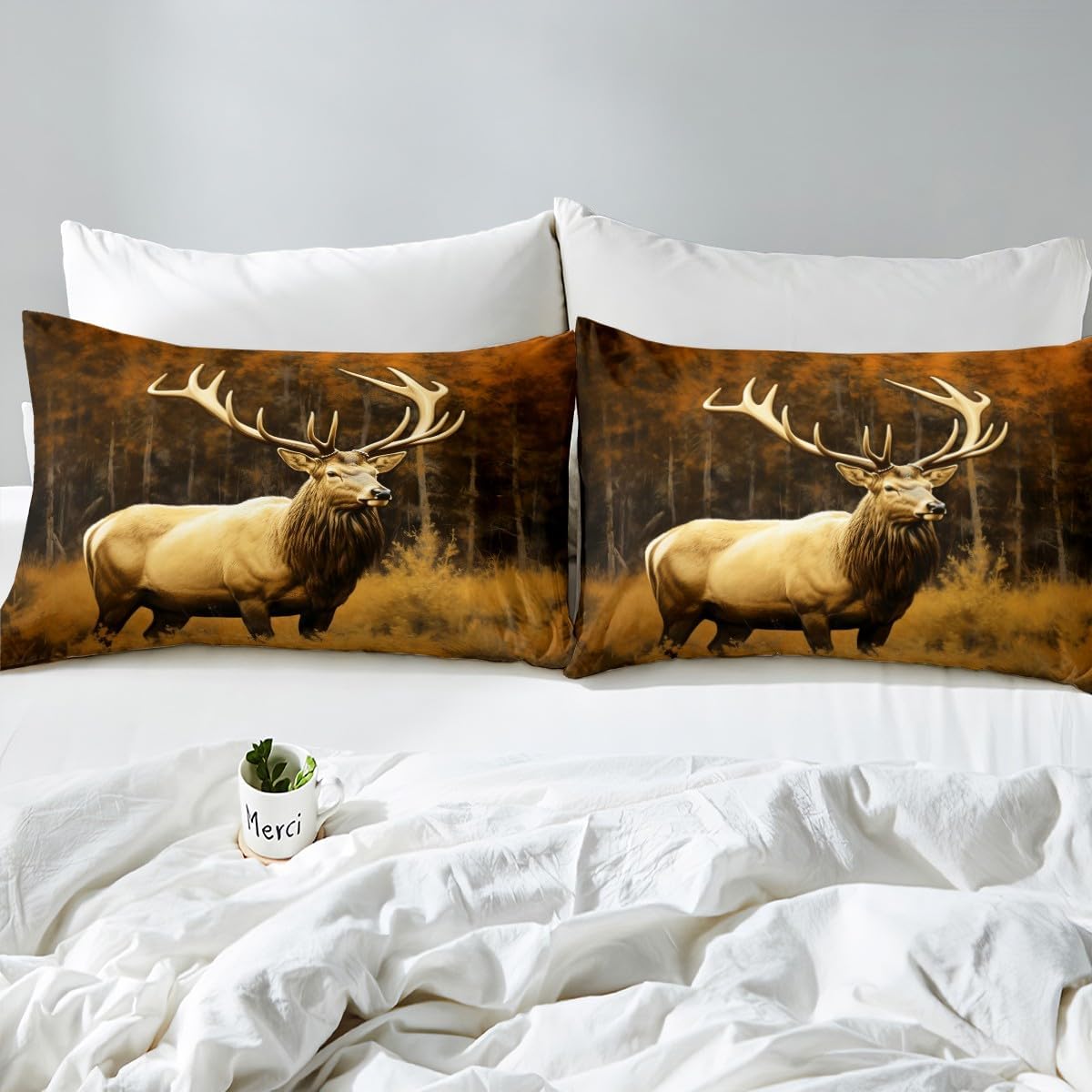 Deer Hunting Bedding Set Twin,Woodland Animal Hunter Comforter Cover for Men Boys Adults Room,Rural Western Farmhouse Elk Deer Duvet Cover Retro Countryside Adventure Quilt Cover with 1 Pillowcase