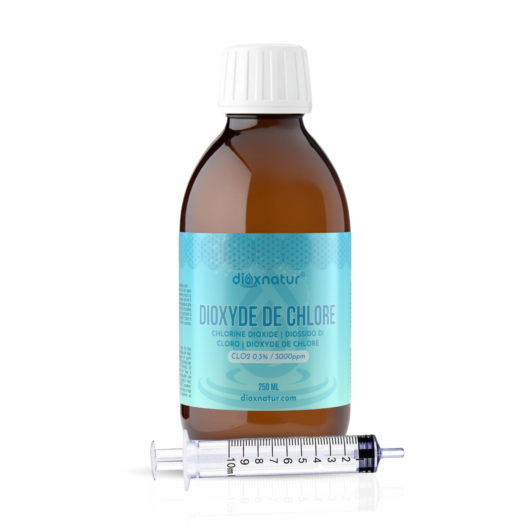 Dioxyde de chlore 3000 ppm CDS 250 ml. Seringue de 10 ml incluse. Étiquette FR. Bouteille en verre ambré avec compte-gouttes