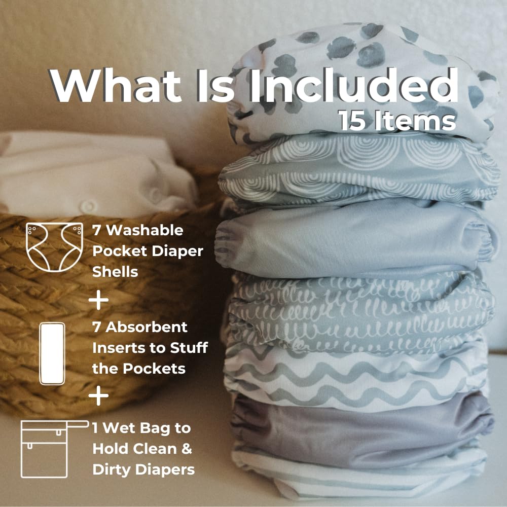 Nora's Nursery Paquete de 7 pañales de tela con 7 insertos y 1 bolsa húmeda, funda impermeable, lavables, reutilizables y pañales de bolsillo ajustables de talla única para recién nacidos y niños