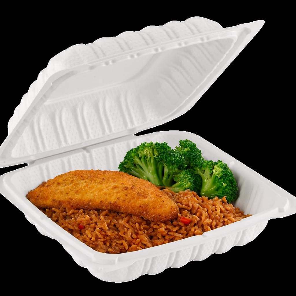 8" x 8" Hinged Clamshell Takeout Containers – 1 Compartment Disposable Food Containers, Heavy Duty Leak-Resistant To-Go Boxes, Microwaveable with Corner Lock, White – 20 Pack