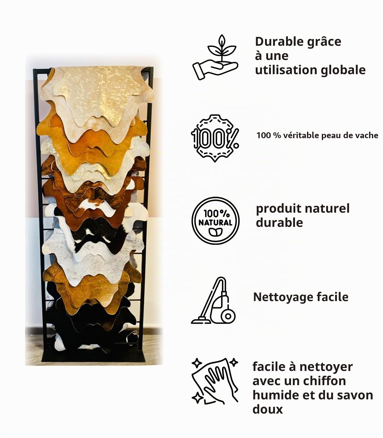 Tapis en Peau de Vache véritable Petit, Tapis pour Salon, Couloir, entrée, Peau de Vache pour Petites Surfaces (Noir/Blanc, 120 x 55 cm)