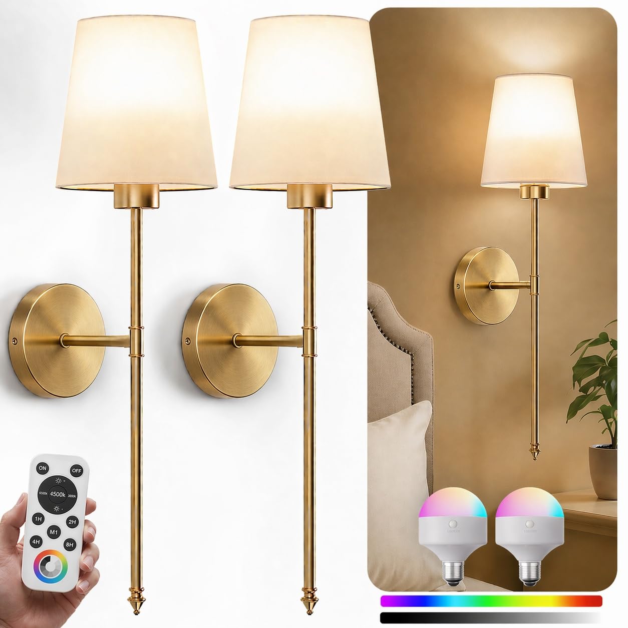 IRONPAX Wall Sconces Battery Operated Set of 2, Wireless Rechargeable Wall Sconce Set of Two, Dimmable Wall Lights with Remote (Gold, Fabric Shade)