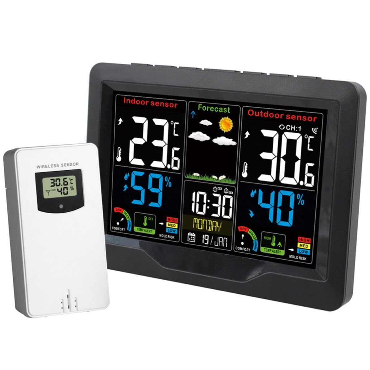 Digitales Innenraum Hygrometer mit Großem Farbdisplay, Schwarz