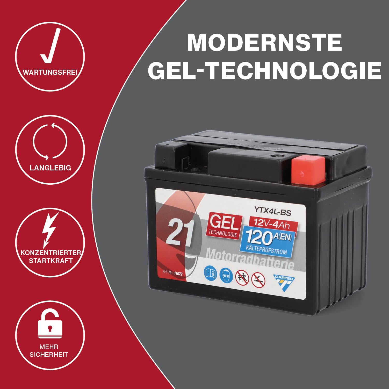 CARTEC Batterie Moto YTX4L-BS, 4Ah, 70A, Technologie Gel Batterie de Démarrage Moto, Qualité D'Origine, Résistante au Cyclage, Stockable, sans Entretien, Petite