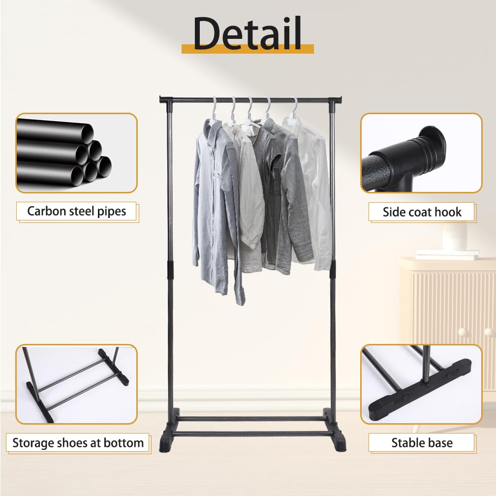 Hershii Clothes Rack Single Rod 60cm L Clothing Hanging Rail Black Garment Stand Coat Storage Organizer for Bedroom Living Room - Image 3