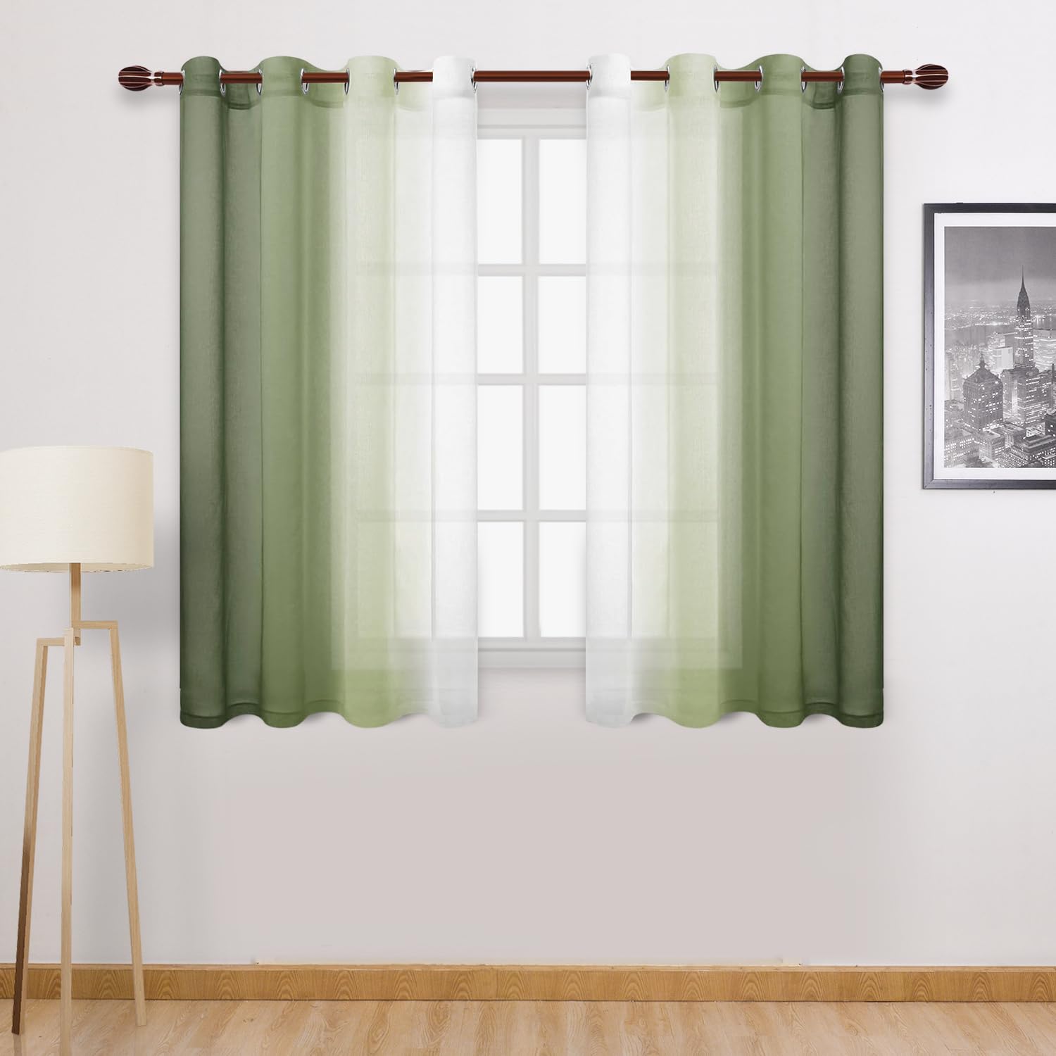 DWCN Ombre Sheer Curtains - Set of 2 Short Window Curtain Panels, Faux Linen Semi Voile Grommet Top Gradient Curtains for Bedroom and Living Room, 52 x 54 Inch Length（Light Olive Green