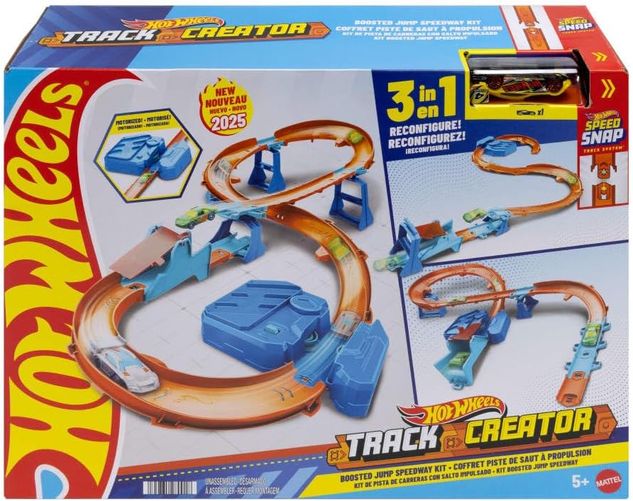 Toy Car Track Set, Deluxe Building Box with Motorized Booster, 1:64 Scale Vehicle, Speed Snap Track, Boosted Jump Speedway, JDB49