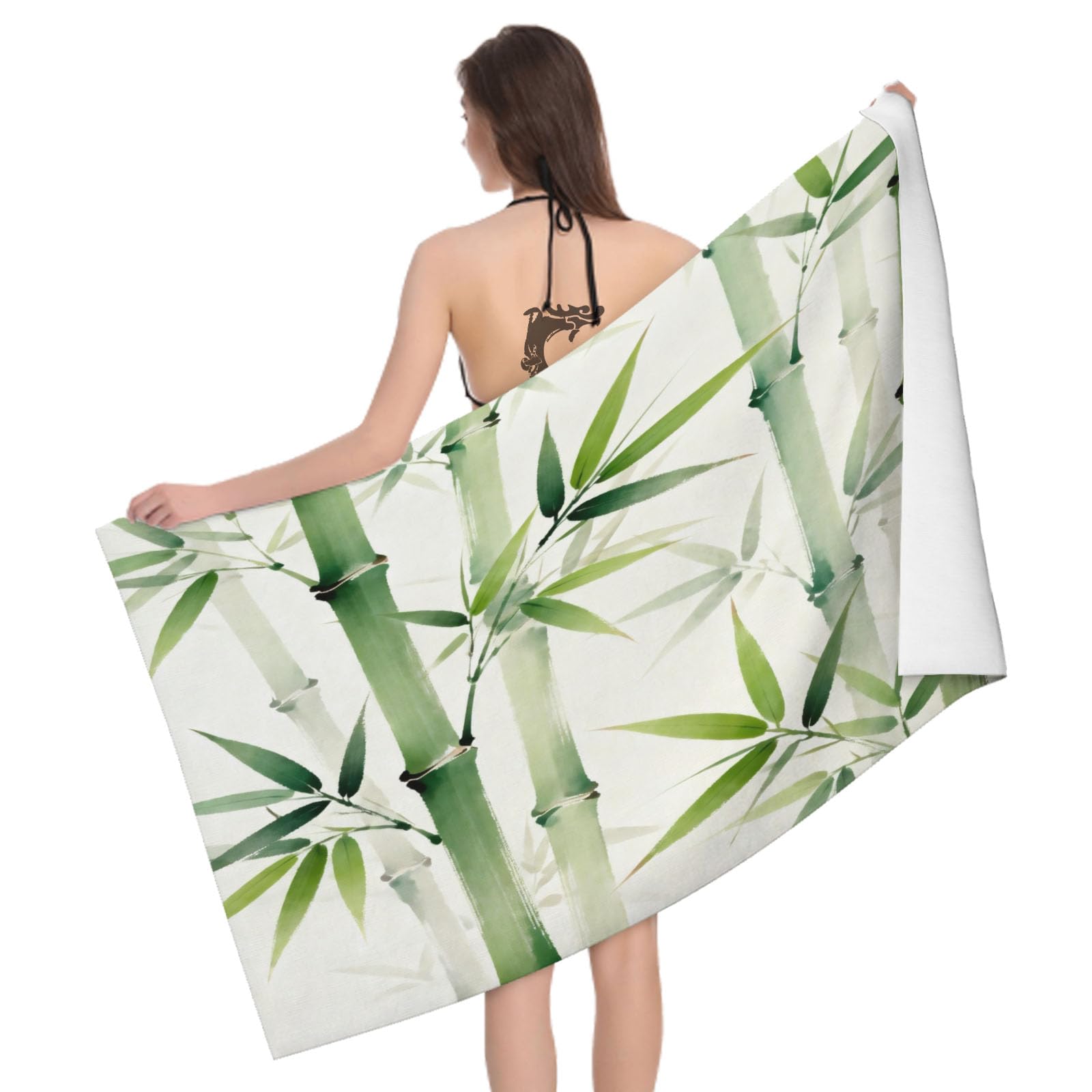 Leichong 3D Chinese Bamboo Beach Towel Large Microfiber Soft Quick Dry for Adults, Oriental Style Bath Towel Lightweight Soft Absorbent for Travel Swimming Pool Sports, 80 x 160 cm