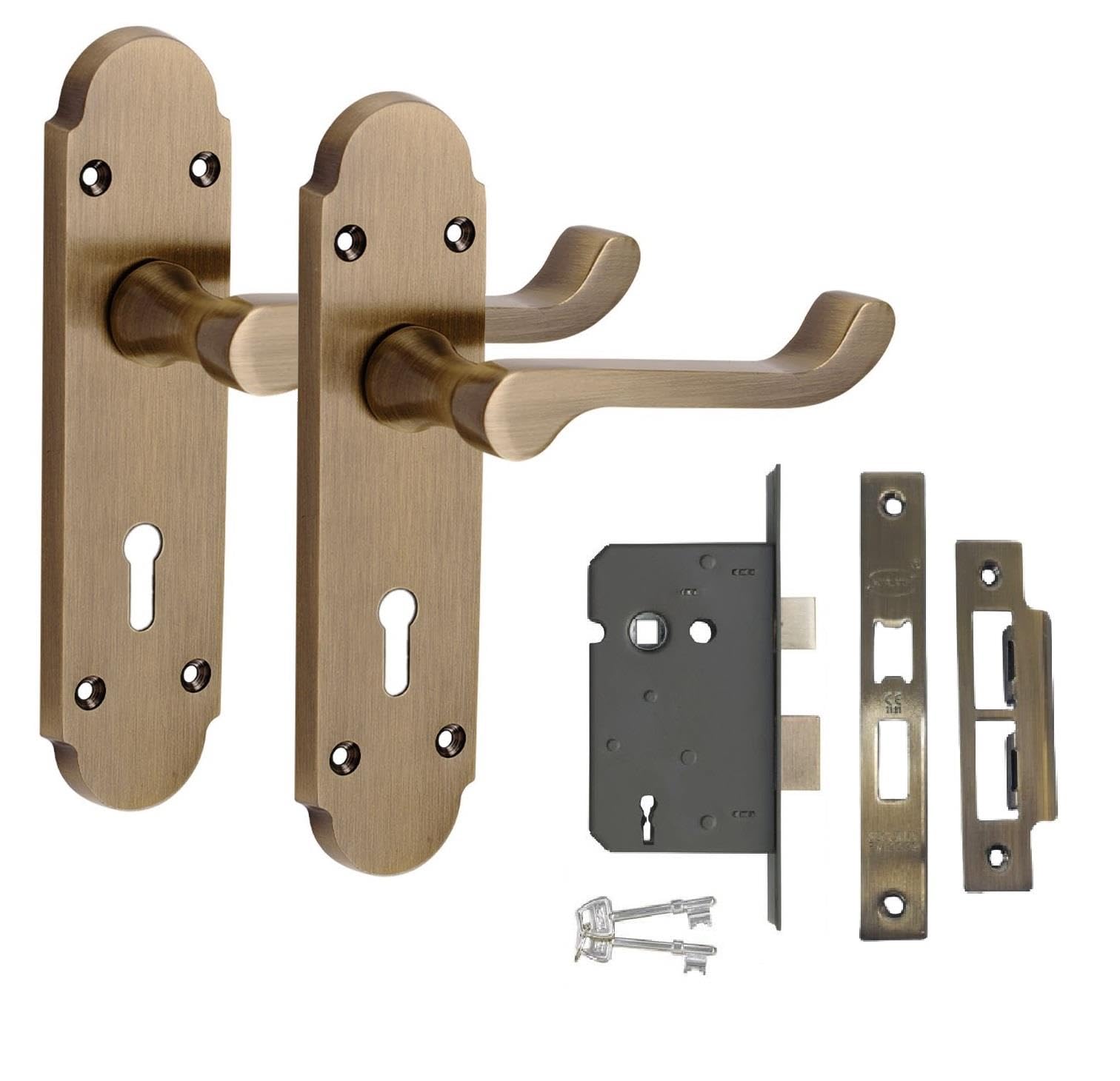 Golden Grace Epsom Scroll Lock Door Handle, Antique Brass, Key Lock Set