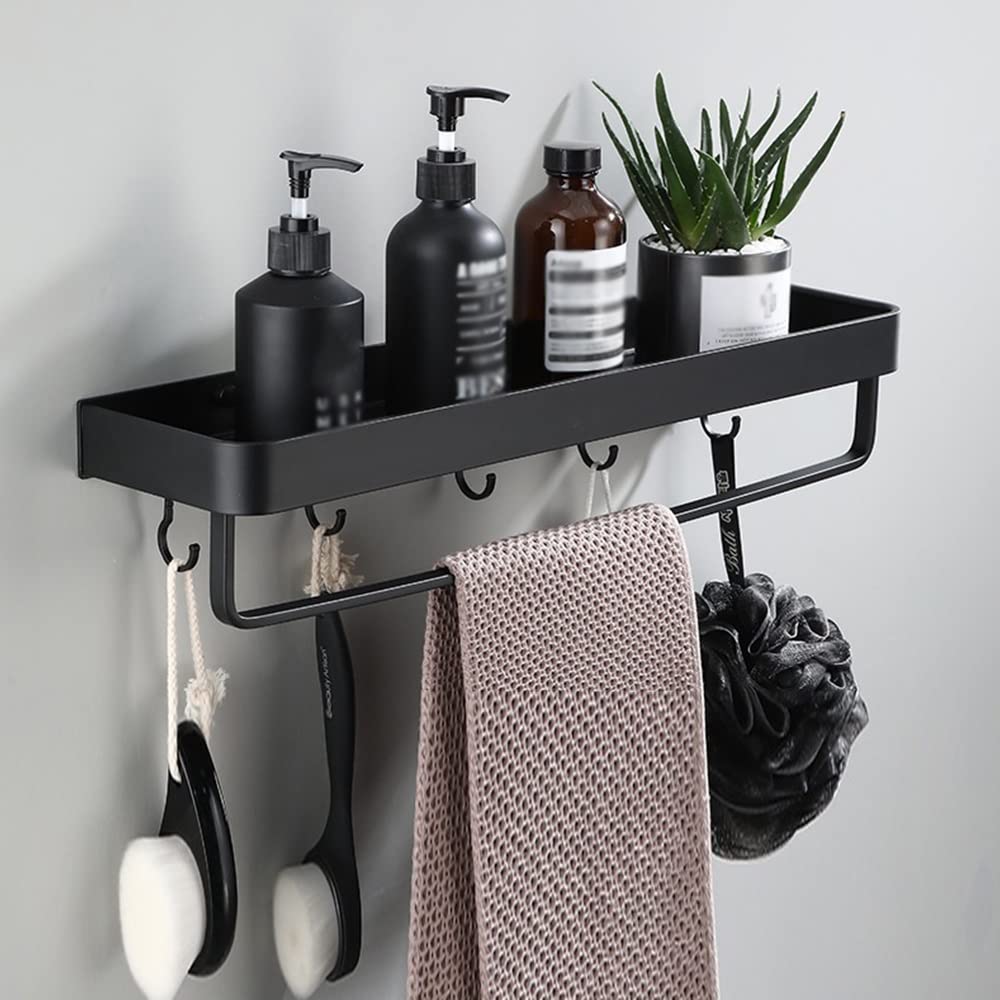 SDGBCXD bathroom shelves, Aluminum Bathroom Shelf with Drainage, Ventilation & Hooks for Shampoo, Gel, Towel, Kitchen Seasoning Bottle Storage(30cm With Bar Hook)