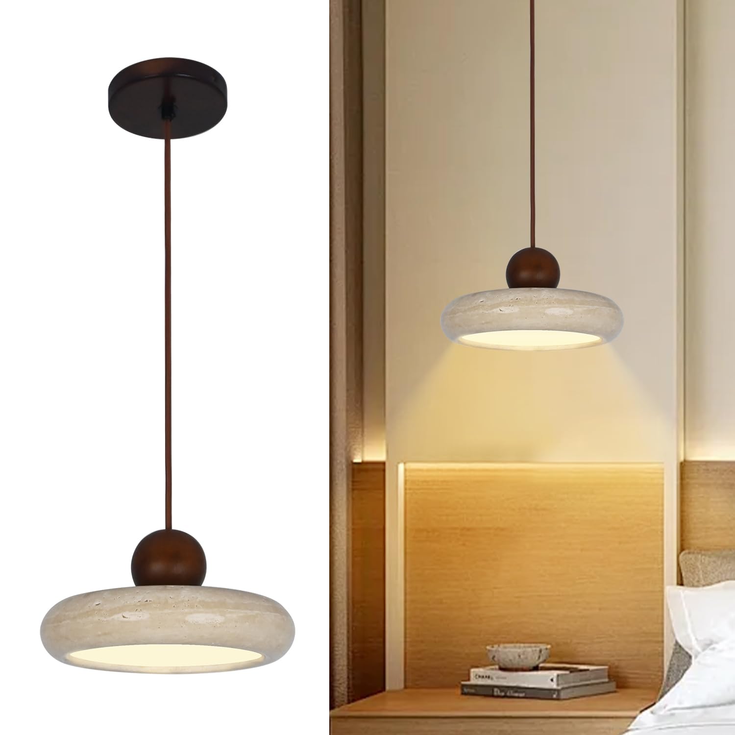 Huayusedf One Color 9.1" Japanese Travertine Stone Pendant Light With Log
