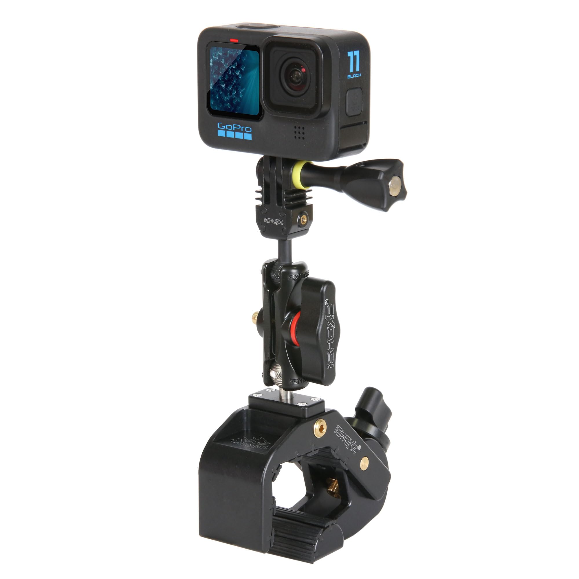 Shark SLS Action Kamera Halterung vibrationsarm | 28-65 mm | Action Cam Halterung für runde, ovale und eckige Profile | Kompatibel mit GoPro, DJI, Insta, Sony | Motorrad, Fahrrad, E-Bike