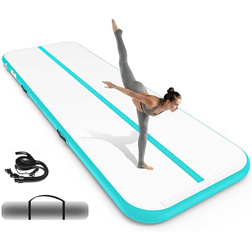 Inflatable Gymnastics Mat 10ft/ 13ft/ 16ft, 4 inches Thickness Gymnastic Mats with Electric Pump and Carry Bag for Kids Home Use Outdoor Training Yoga Cheerleading Gym Studio Backyard Park