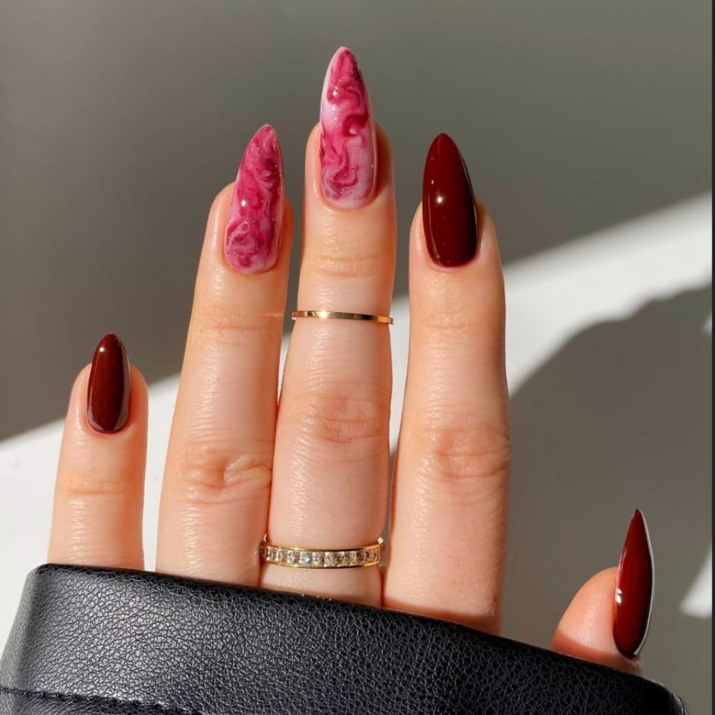 - Long Almond Shape Press On Nails Deep Red Pink Purple Ombred Fake Nails Artistic False Nail for Women 24pcs