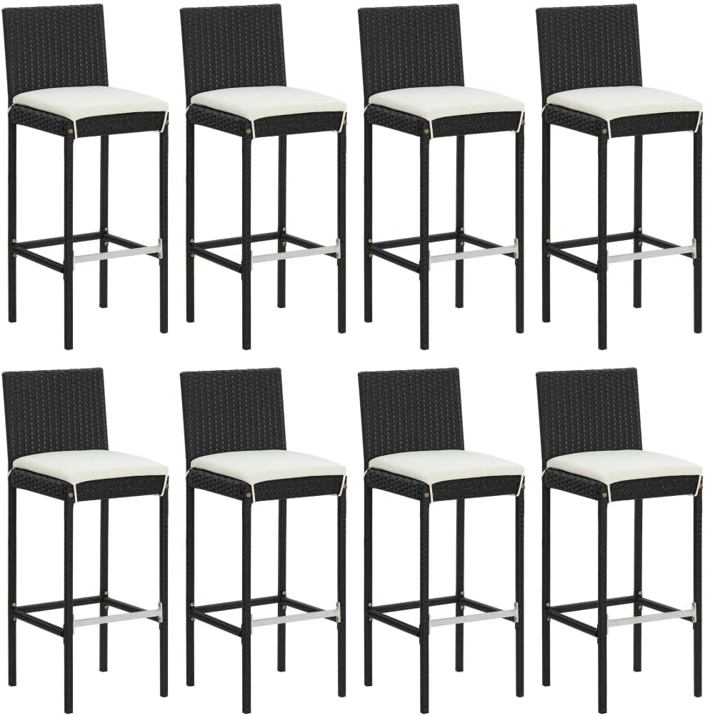 9 Piece Black Poly Rattan Garden Bar Set with Cushions, Weather-Resistant PE Rattan and Tempered Glass Tabletop, Durable Steel Frame for Patio and Outdoor Dining