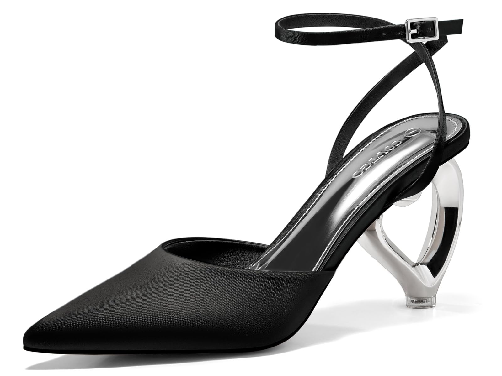 Coutgo Womens Kitten Heels Closed Pointed Toe Heart Heel Ankle Strap Satin Pumps Wedding Prom Dress Valentine Shoes