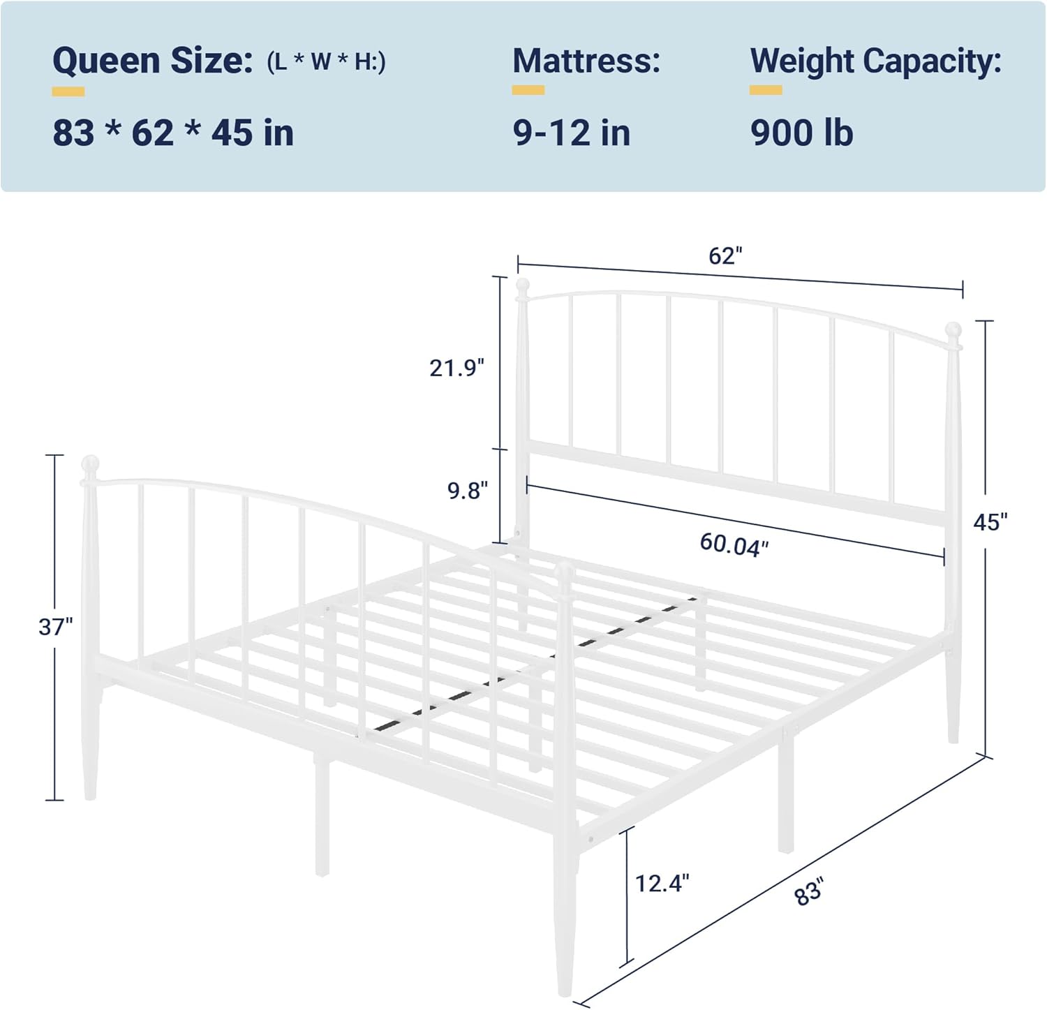 Allewie Queen Bed Frame, Metal Platform Bed Frame with Arched Headboard & Footboard, Mid-Century Modern Style, Under Bed Storage, No Box Spring Needed, Easy Assembly, White