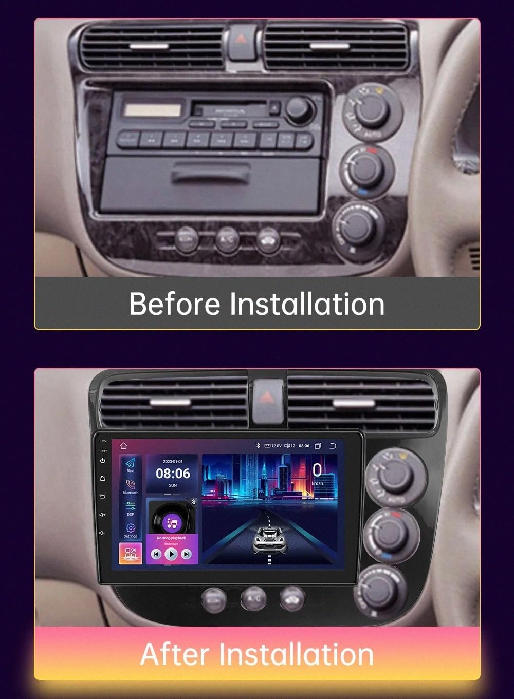 Touchscreen Auto Radio per Honda Civic 7 RHD 2000-2006 Wireless Carplay Android Auto Stereo Bluetooth Ips con Pantalla Táctil con Gps Navigatore/Swc/Mirror, 4 Nucleo 2G+32G