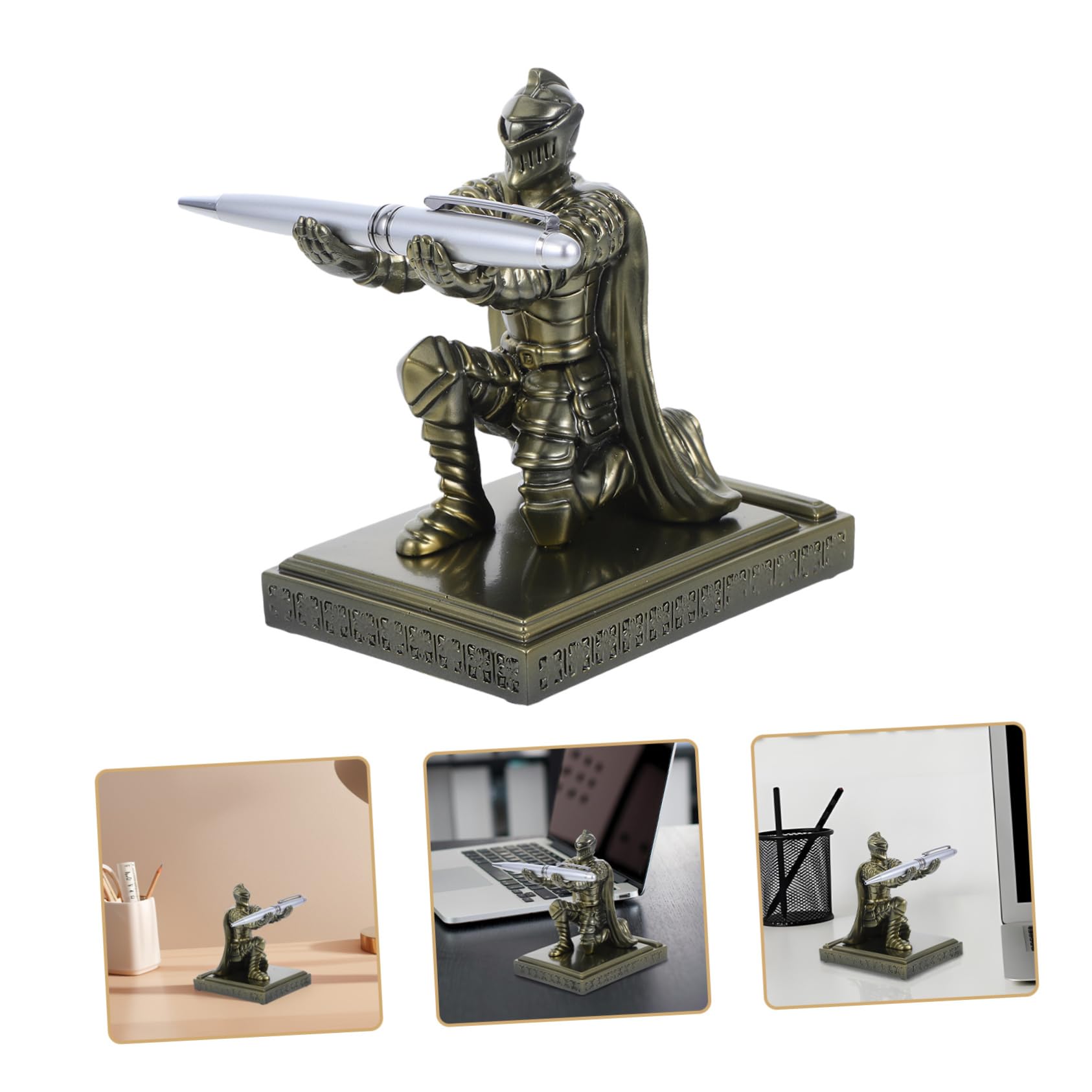 DOITOOL Portapenne Soldato in Resina Base Stabile, Aspetto Medievale Retrò, Design Unico, Portapenne Multifunzionale per Ufficio e Vanity, Decorazione Scrivania Oro