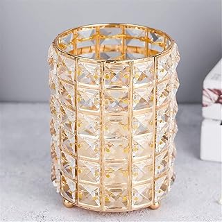 حامل فرش المكياج مرصع بالكريستال بلون ذهبي لؤلؤي- منظم الدائري وحامل الريموت كنترول ادوات والمشط والقلم - ديكور منزلي راق من الفا شوب