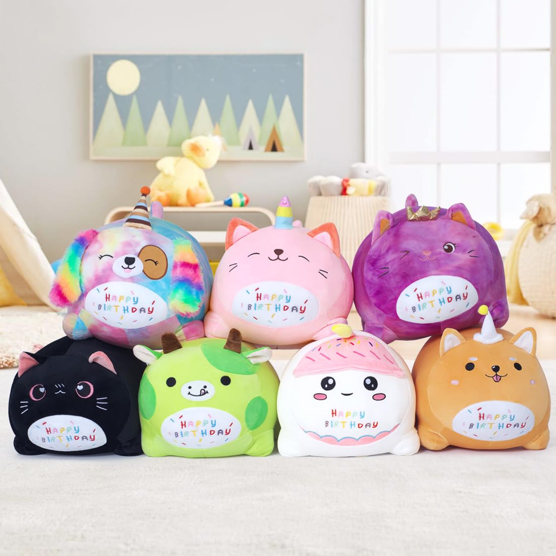 Peluche Gatto Compleanno - Giocattolo Morbido con Scritta 'HAPPY BIRTHDAY', Regalo Personalizzabile per Bambini Adulti (25CM,Viola)