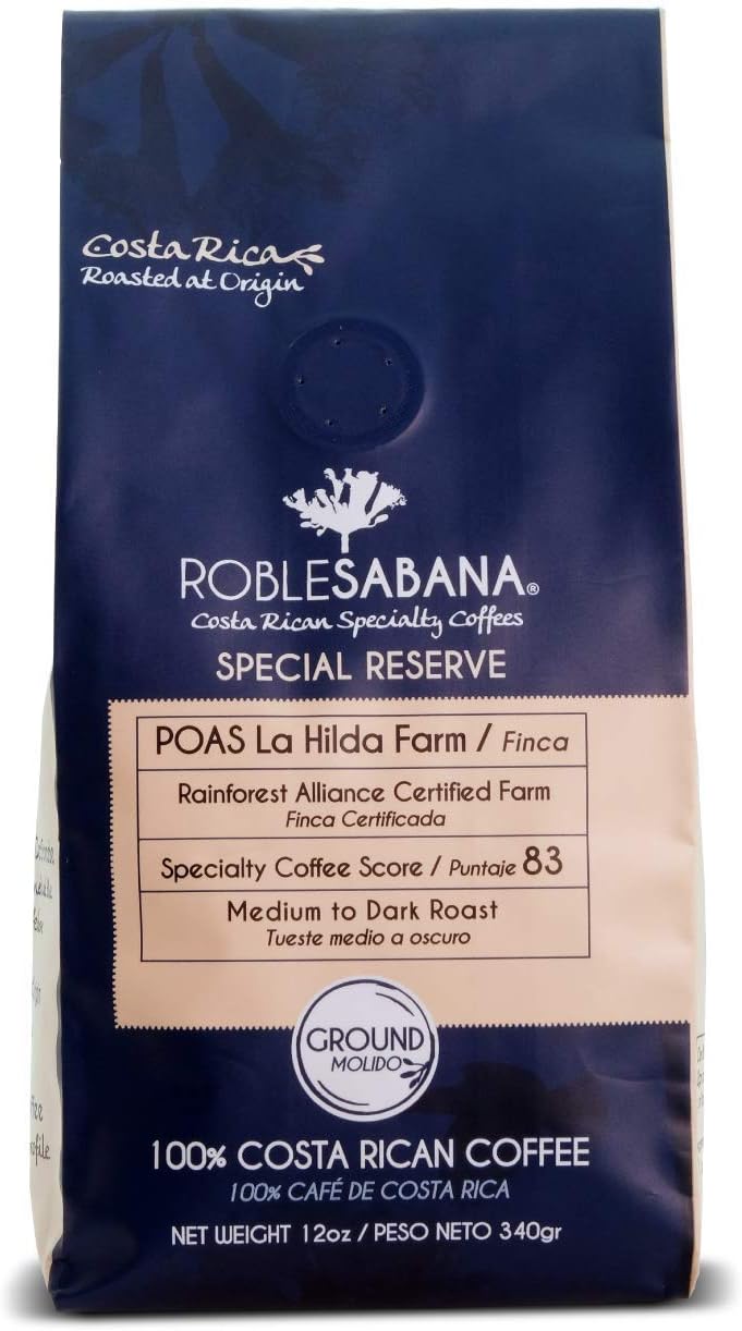 Roblesabana Poas Specialty Costa Rican Coffee - SPECIAL RESERVE - Direct Trade, Rainforest Alliance Certified Farm. Roasted at origin, Medium Roast. Whole Bean. 12 oz