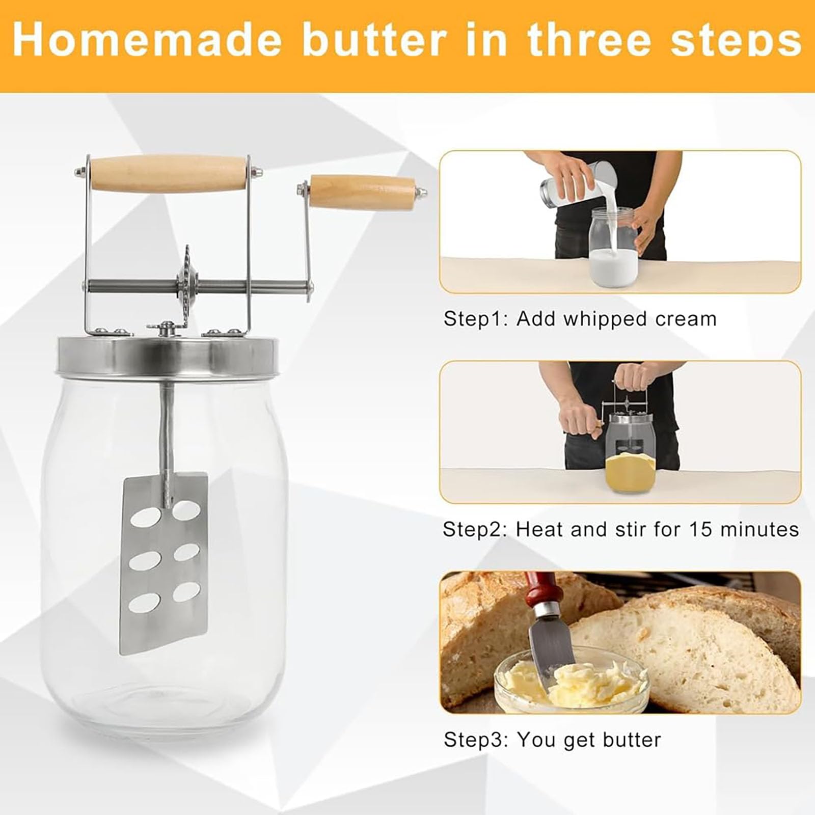 Butterkanne aus Glas mit Handkurbel, hausgemachter Butterbereiter für Sahne, 1,5 l langlebiger Mixer für Gebäck, Kekse und DIY Backgeschenke für Kinder und Familien