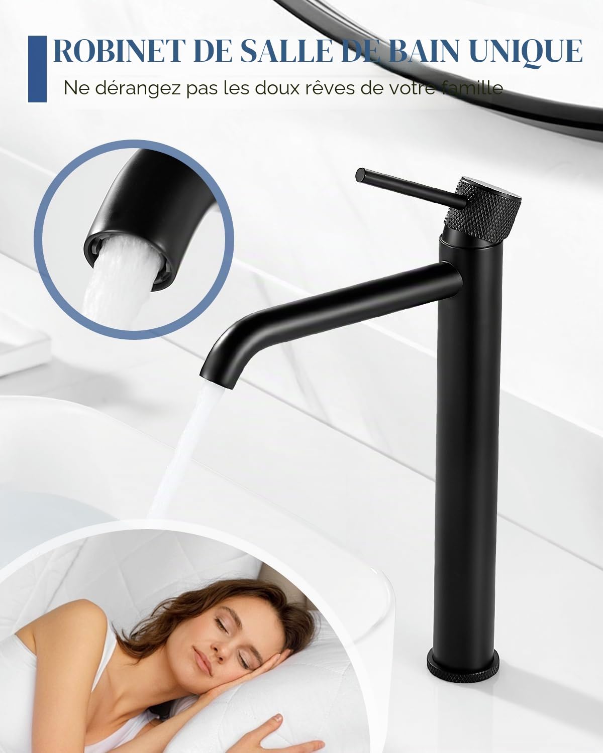 Mitigeur de Lavabo, Robinet Lavabo Haut Noir, Modern Robinetterie de Salle de Bain Monocommande, Rond Robinet Salle Bain avec Hauteur de Bec 290 MM