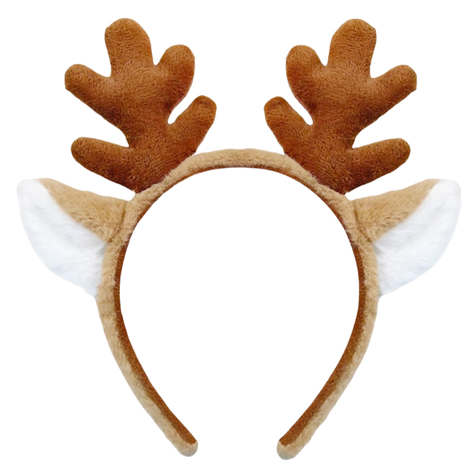 Plush Reindeer Antler Headband – Brown Antlers with White Ears Christmas Halloween Costume Accessory for Kids and Adults, Holiday Dress-Up, Cosplay,