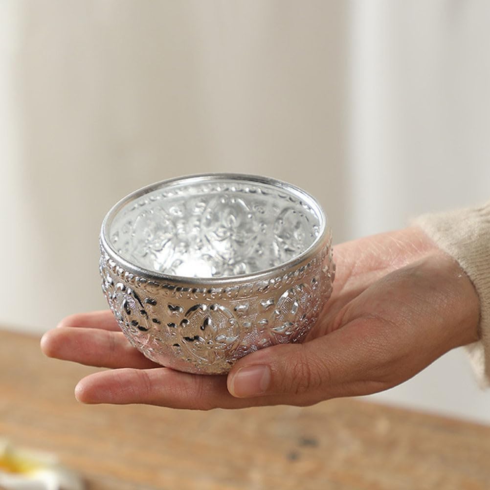 Cabilock 5Pcs Thai Small Carved Tin Bowls 3.15 Inch Water Offering Bowls Decorative Essential Oil Containers for Spa Massage Home Decor Silver