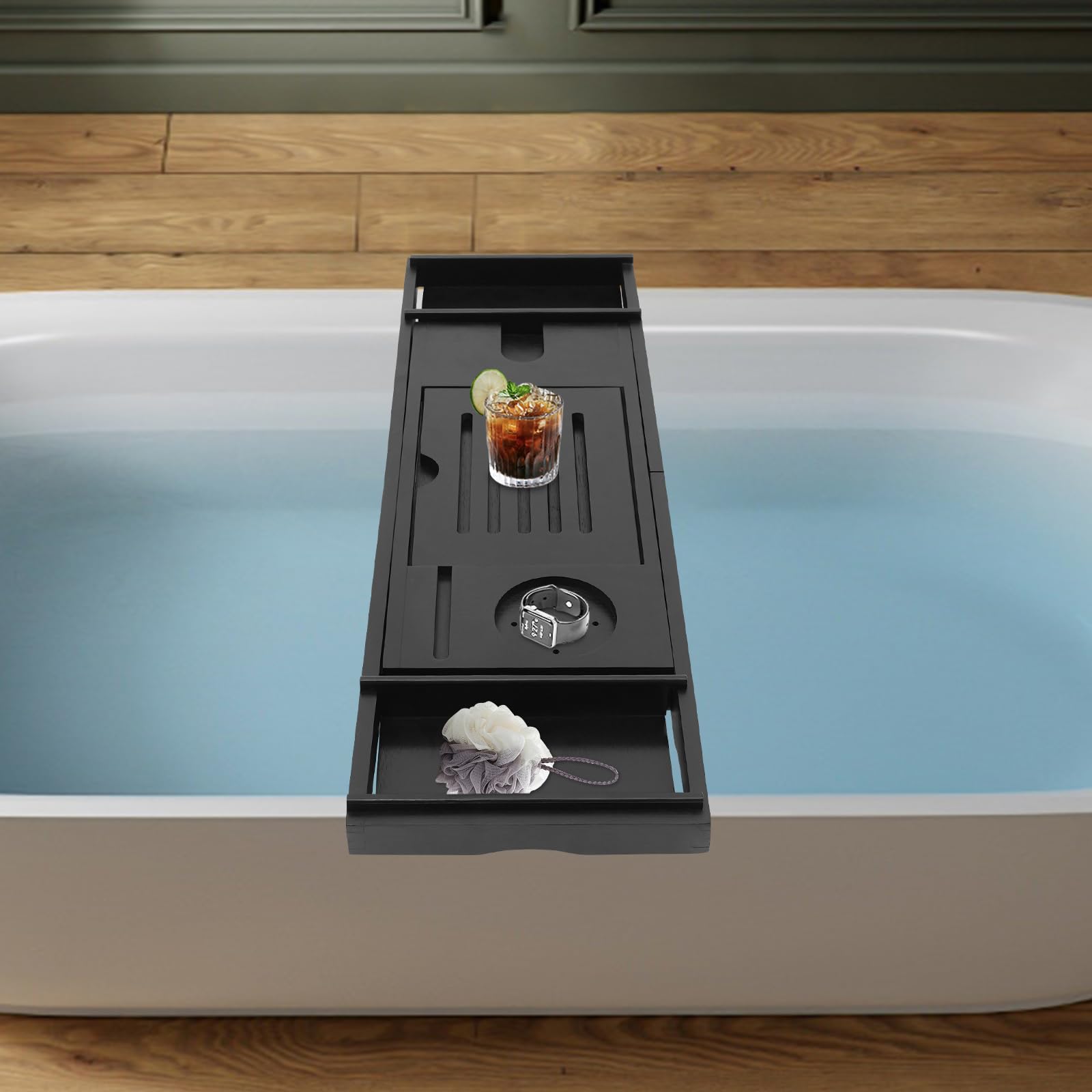 Bandeja ajustable para bañera (75-111 cm), de bambú, con soporte para tablet y soporte para copas de vino, soporta hasta 10 kg