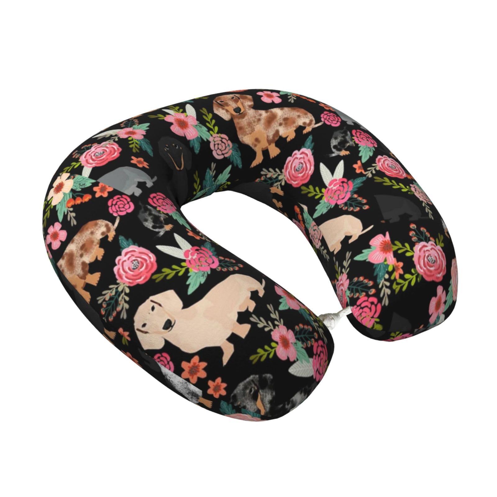 LKYMOH Dachshund Dog With Flowers, Travel Neck Pillow U-Shaped Memory Neck Support Soft Comfortable With Washable Cover For Airplane Car Traveling and Office