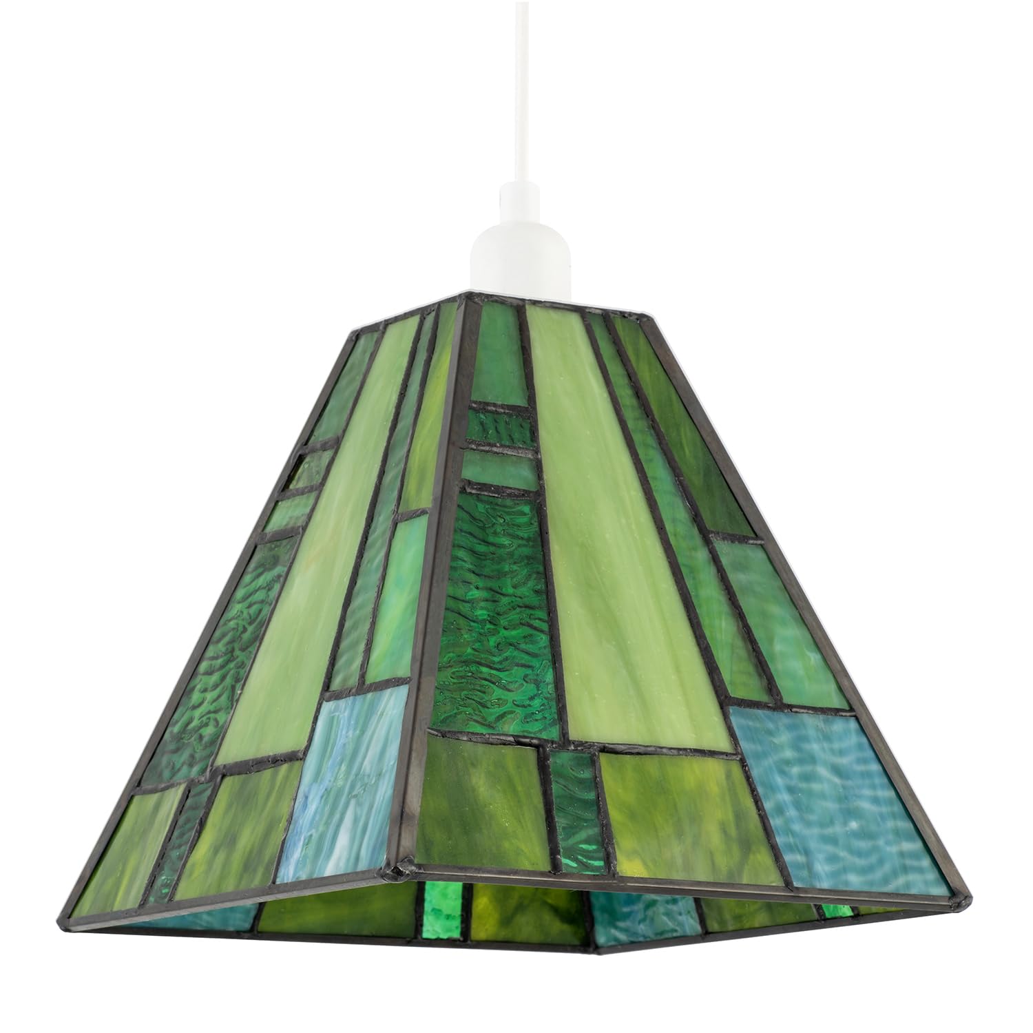 Rectangular Art Deco Styled Tiffany Stained Glass Pendant Lighting Shade with Emerald and Green Toned Panels | 18cm x 20cm | 40w Maximum by Happy Homewares
