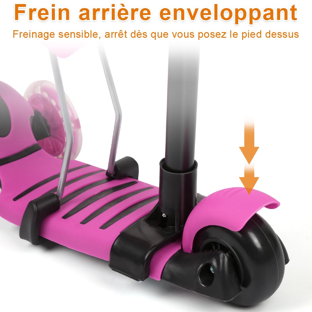 OHMG Monopattino triciclo per bambini 3+ anni, scooter equilibrio, monopattino antiscivolo, monopattino regolabile per ragazza/ragazzo, carico 30 kg, ruote a LED, regolabile in altezza