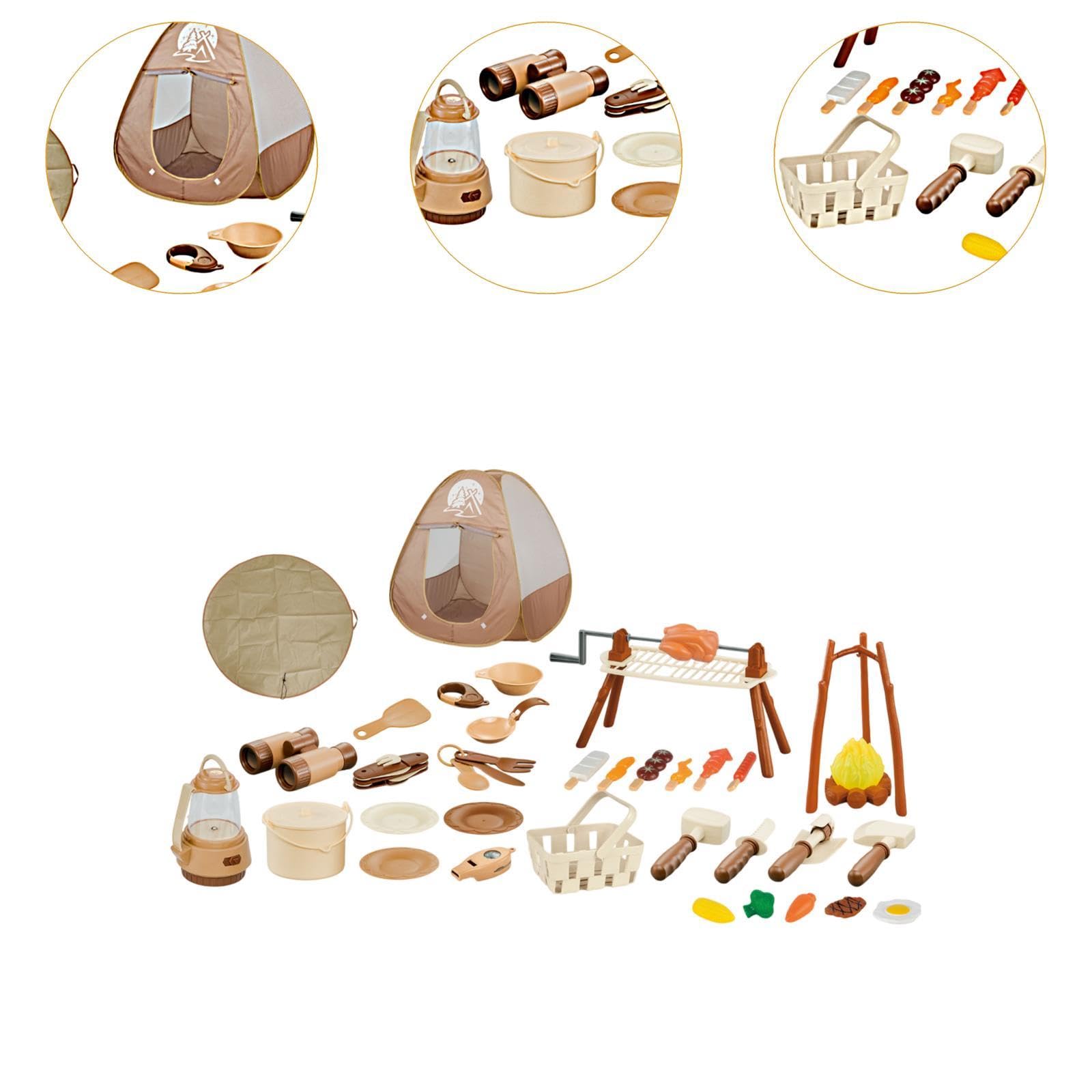 Almencla 35 Stück Kinder Camping Spielzeug Set mit Spielzelt Abenteuer Grill Lagerfeuer Kochutensilien Aus PP Material für Camping Indoor Outdoor Rollenspiel, 43 Stück