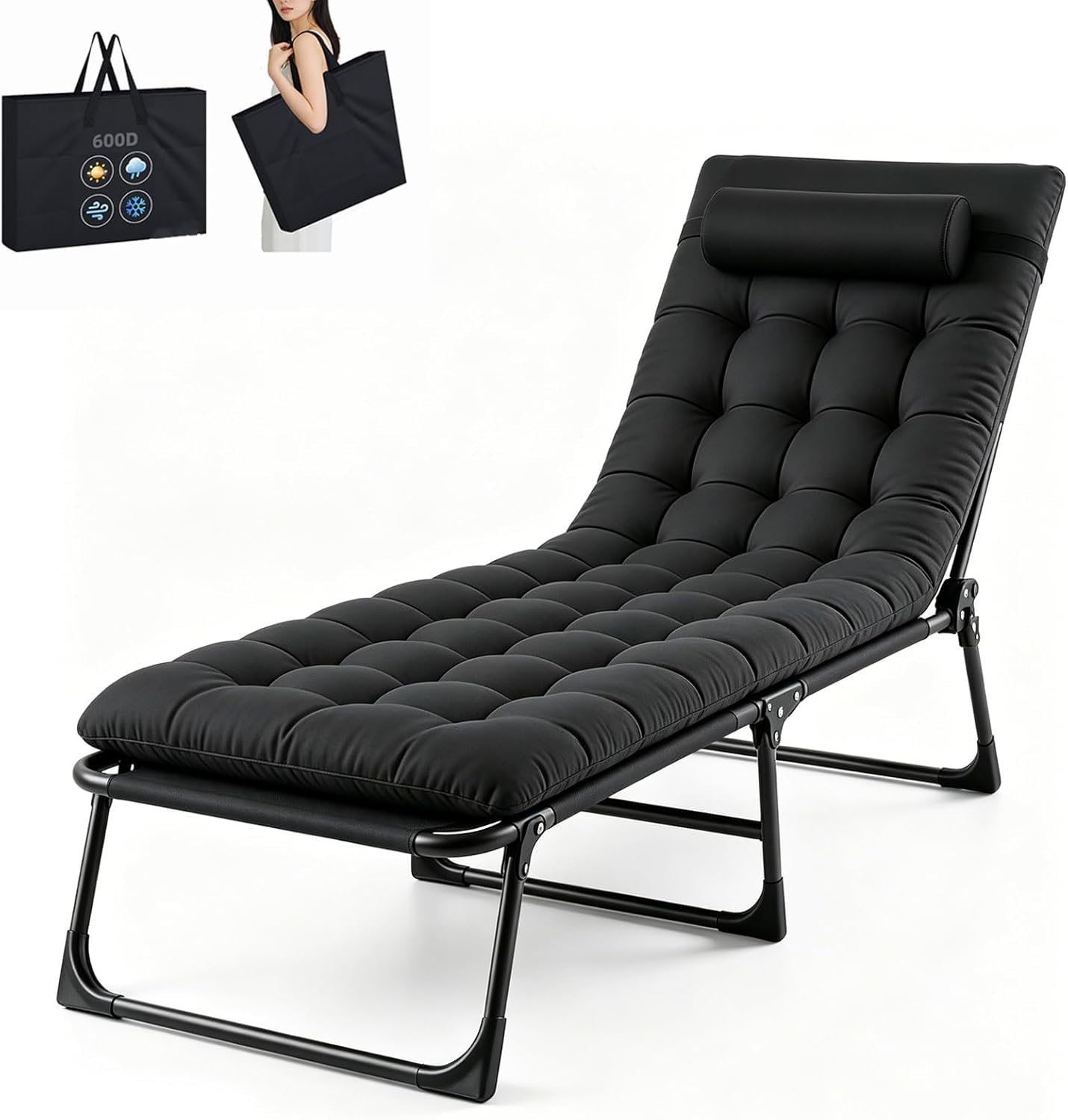 Folding Lounger,Sonnenliege Klappbett Gästebett Klappbar Liegestuhl,4 Positionen Verstellbares Tragbares Multifunktions-Campingbett,Mit Matratze Seitentasche (Schwarz 1 Stück)