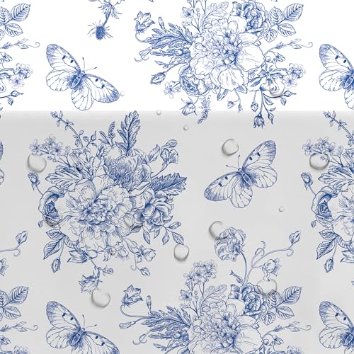 Image of Blue and White Floral Party Tablecloth Decorations, 3pcs Disposable Elegant Dusty Blue Flower Party Supplies Table Cover, for Birthday Baby Bridal Shower Wedding Chinoiserie Decor, 86in x 55in