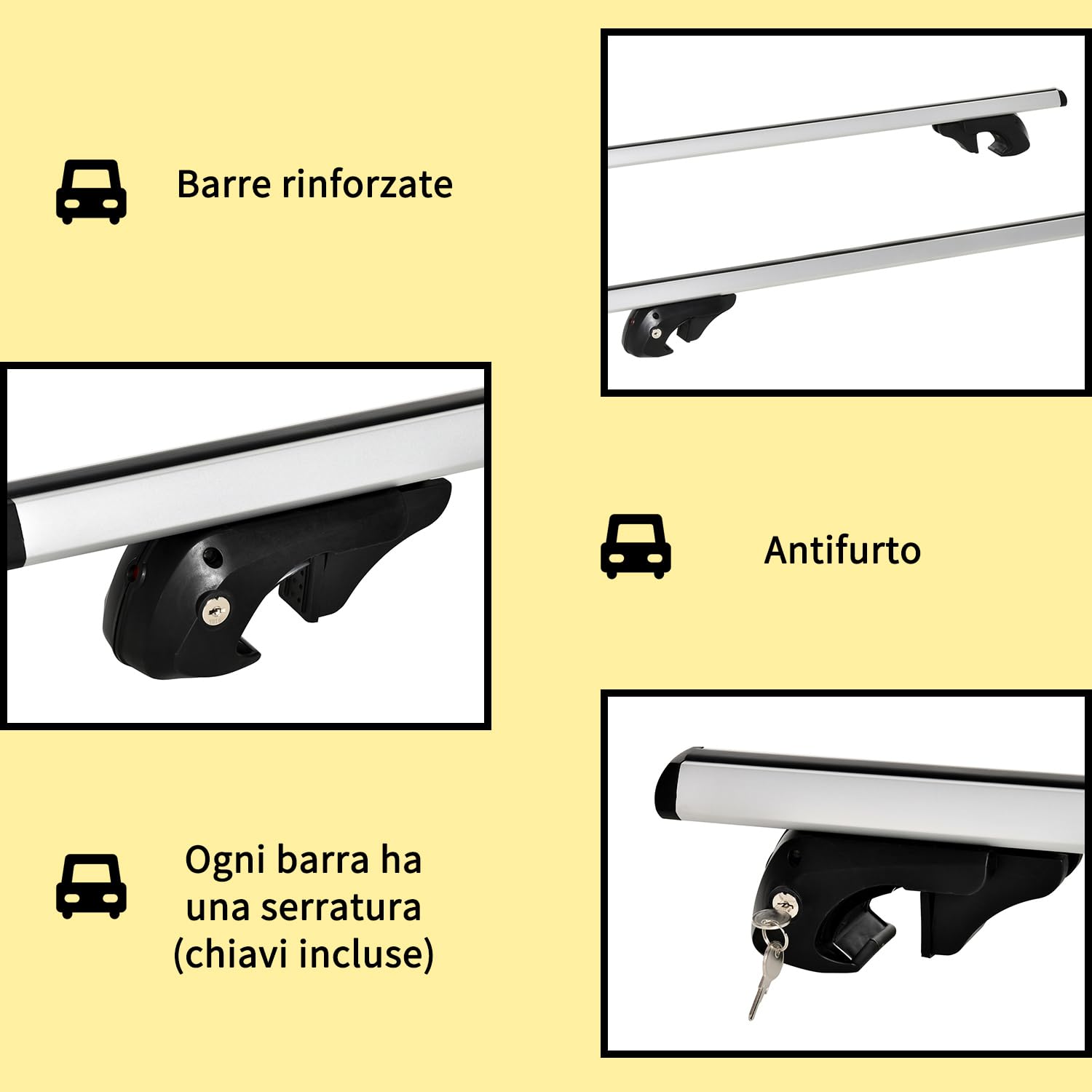HOMCOM Barre Portatutto per Auto in Alluminio, Barre Portapacchi Macchina con Blocco e Chiavi di Sicurezza, Distanze fino a 120 cm, Capacità da 75 kg, per SUV, Berline e Furgoni, Argento