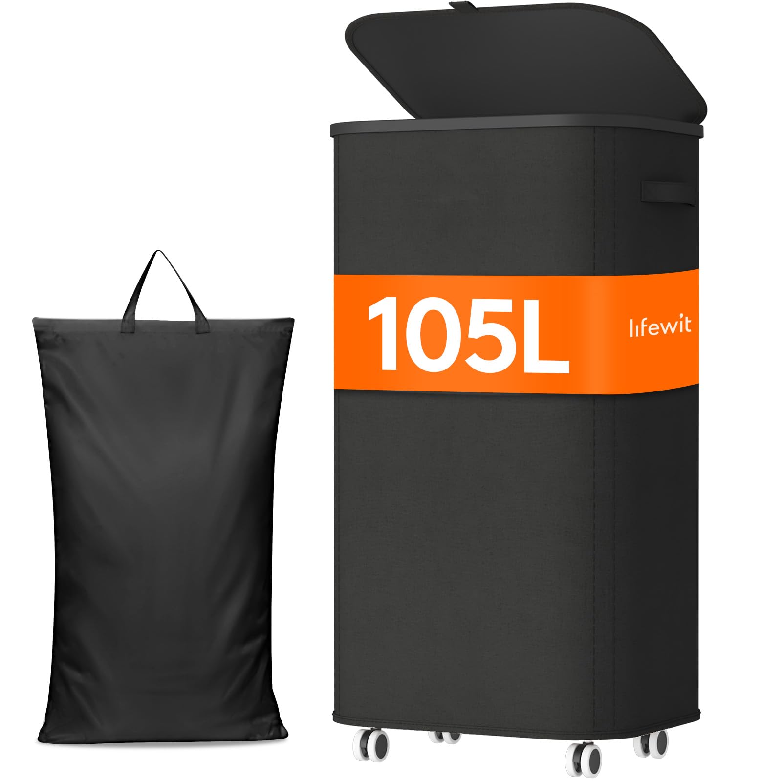 Lifewit 105L Wäschekorb mit Rollen und Deckel, Schwarz | Faltbarer Wäschesortierer mit herausnehmbarem Wäschesack und Kunststoffrahmen, große Wäschebox für Schlafzimmer und Bad