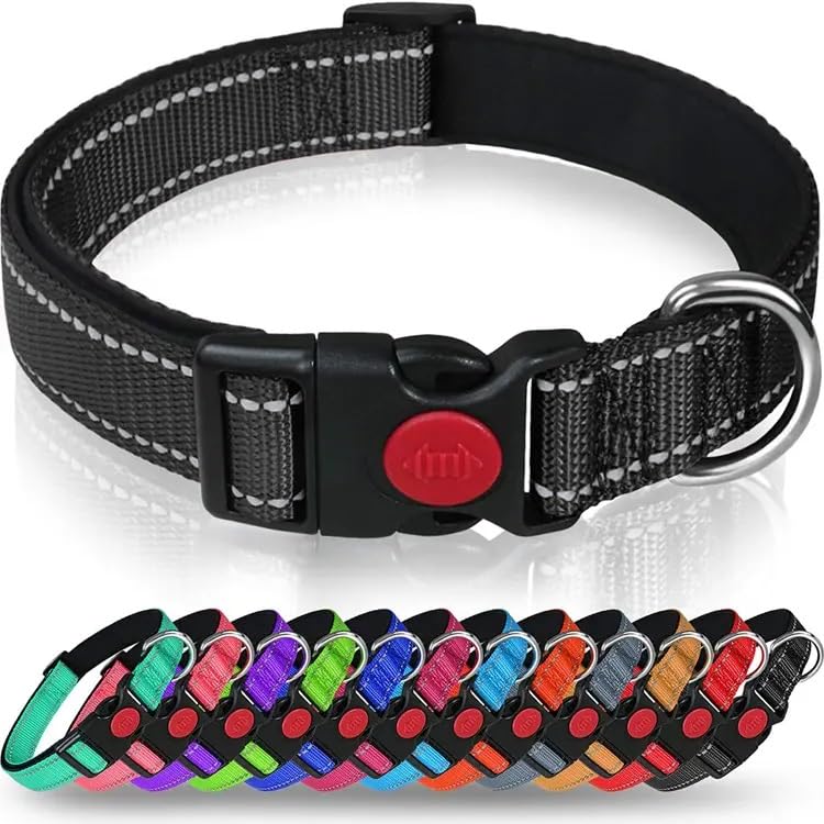 JESATA Reflective Dog Collar with Safety Locking Buckle, Balck, M (35-47cm)