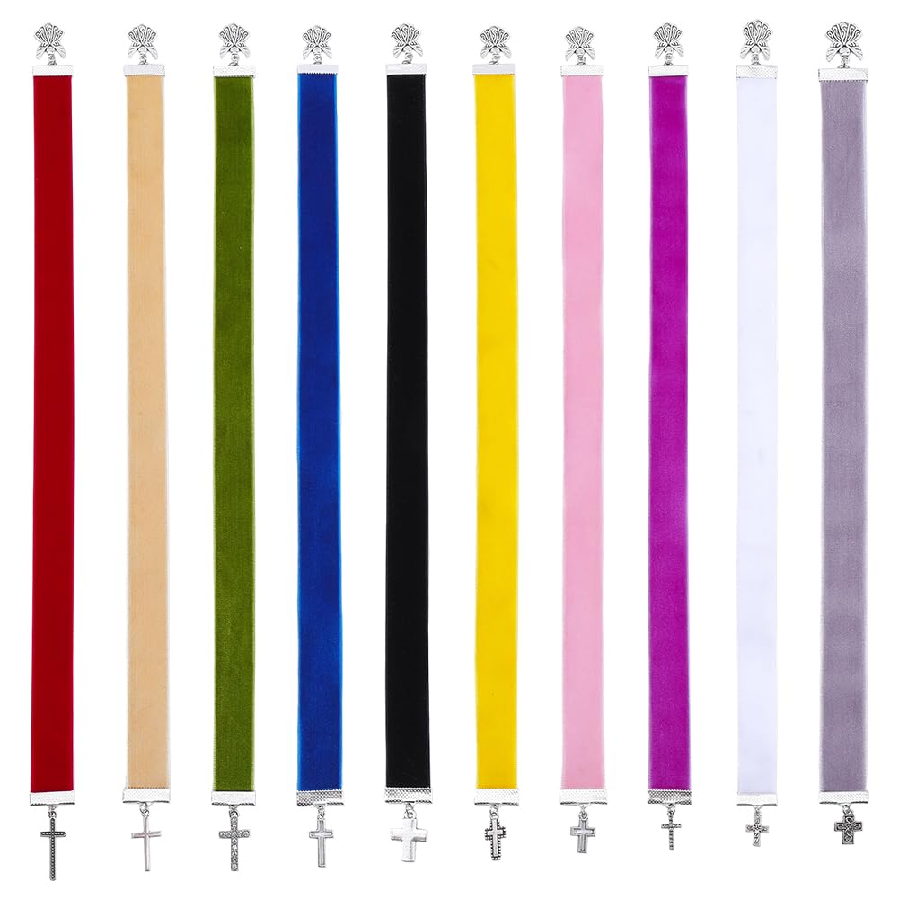 FINGERINSPIRE 10 Pcs Cross Pendant Velvet Bookmark 407~420mm Long Religion Bookmark Set with Alloy Cross Pendants 10 Colors Velvet Ribbons Bible Bookmarks for Christian Reading and Bible Study