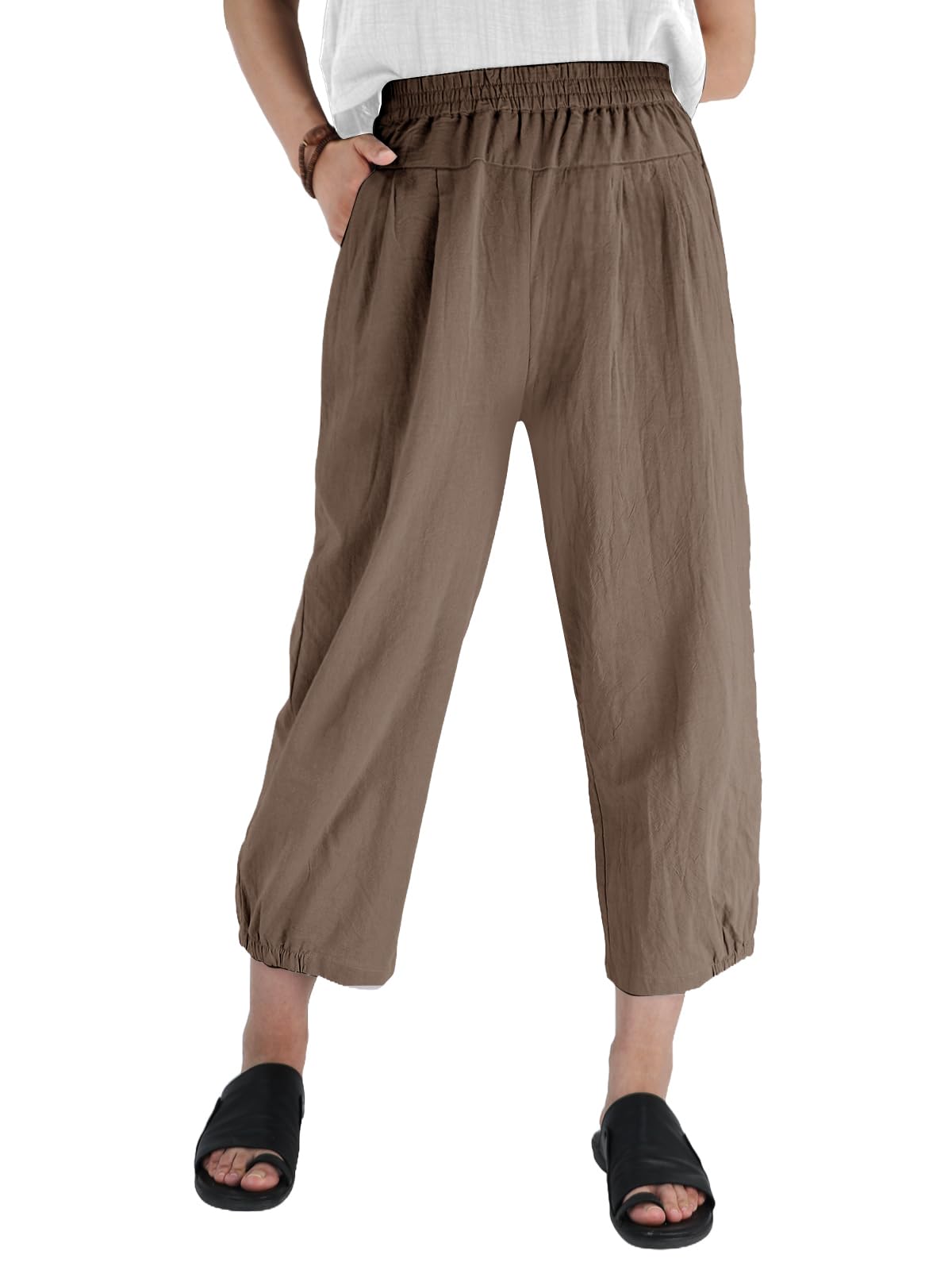 Les umes Pantaloni Donna Estivi Casual Cotone Elastici in Vita Pantalone Gamba Larga Leggeri con Tasche