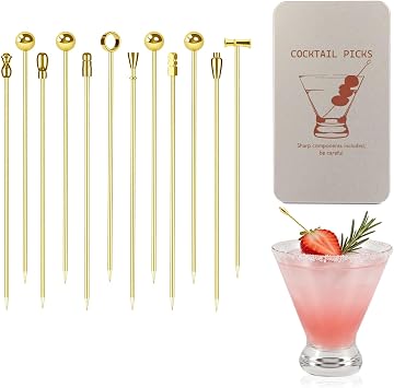 12PCS Metal Cocktail Picks, Stainless Steel Cocktail Picks for Drinks, Reusable Olive Stuffers Martini Pick set Fruit Toothpick Garnish Skewers Appetizer Stick for Bar 10 Styles Golden