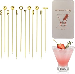 Metal Cocktail Martini Picks 12pcs,4.1 in Olive Skewers Stainless Steel, Martini Garnish Sticks Reusable, Metal Toothpicks for Drinks,Appetizers,Cheese, Bar Accessories Supplies Gift-10 Styles Golden