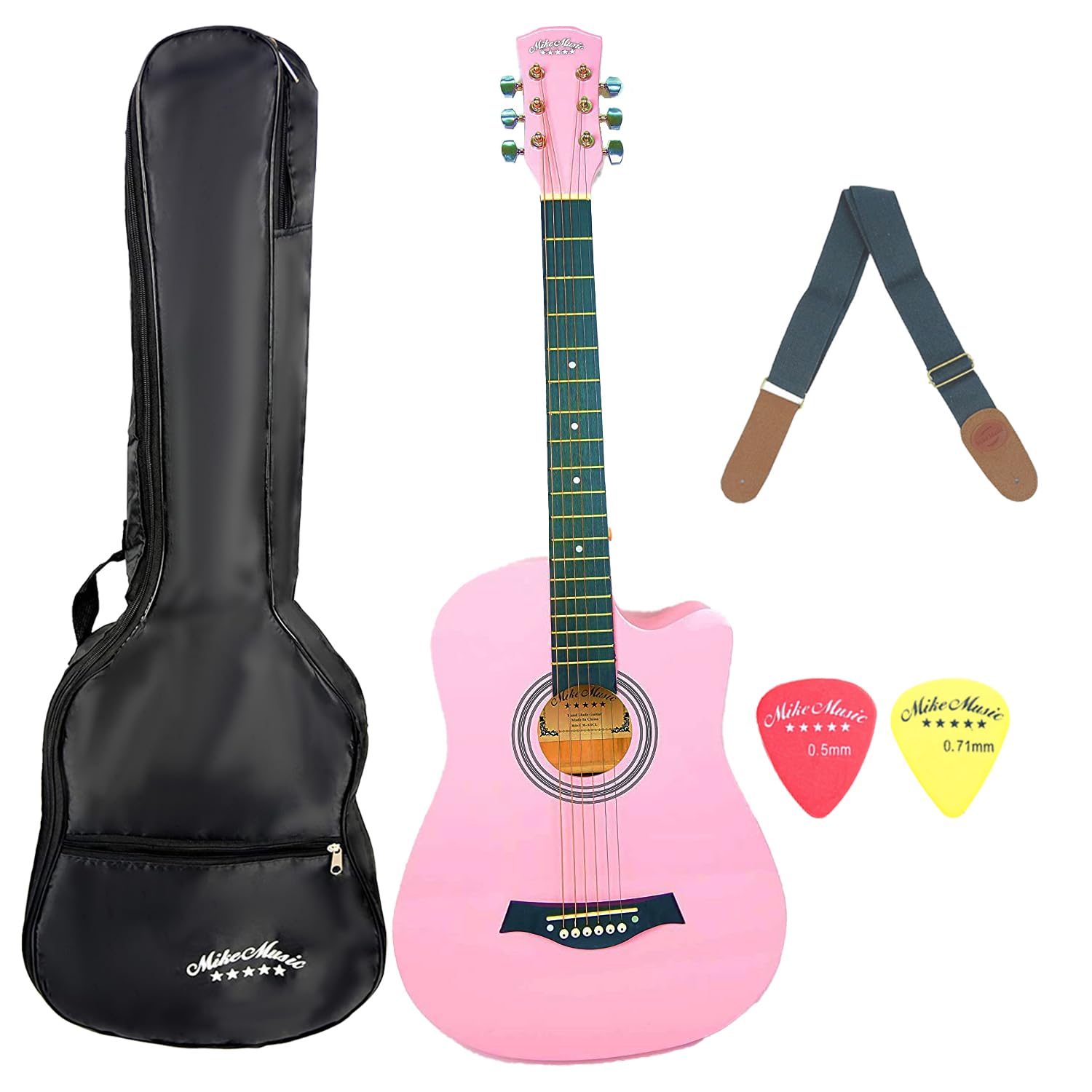 Mike Music 38 inch Acoustic Guitar Beginner Set, All Wood Cutaway Acoustic Guitar Starter Basic Kit w/Gig Bag, Strap, 2 Picks - Glossy Pink