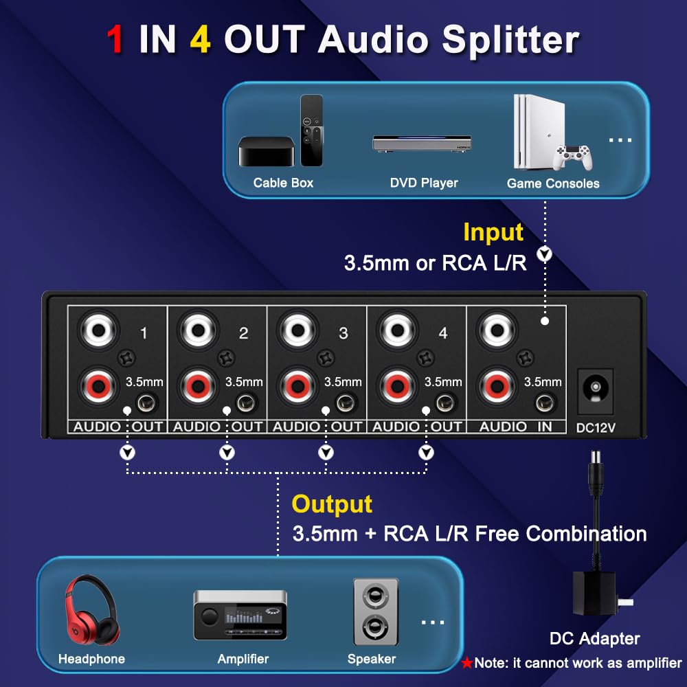 Divisor de audio auxiliar de 3,5 mm + RCA L/R, 1 entrada y 4 salidas, caja distribuidora de audio analógico estéreo