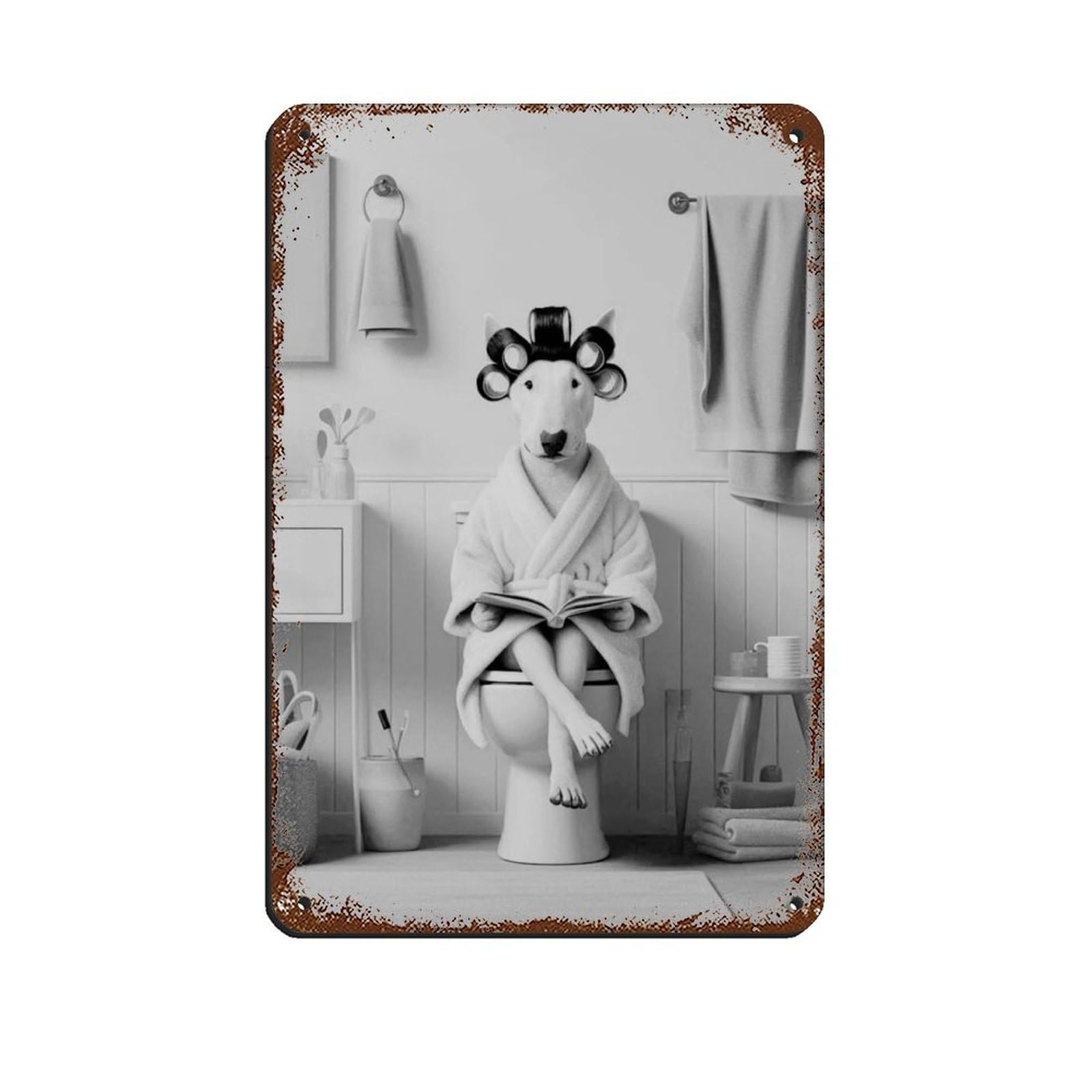 Bull Terrier Dog in Bathroom Art Retro Poster Metal Tin Sign Chic Art Retro Iron Painting Bar People Cave Cafe Family Garage Poster Wall Decoration 8x12inch(20x30cm)